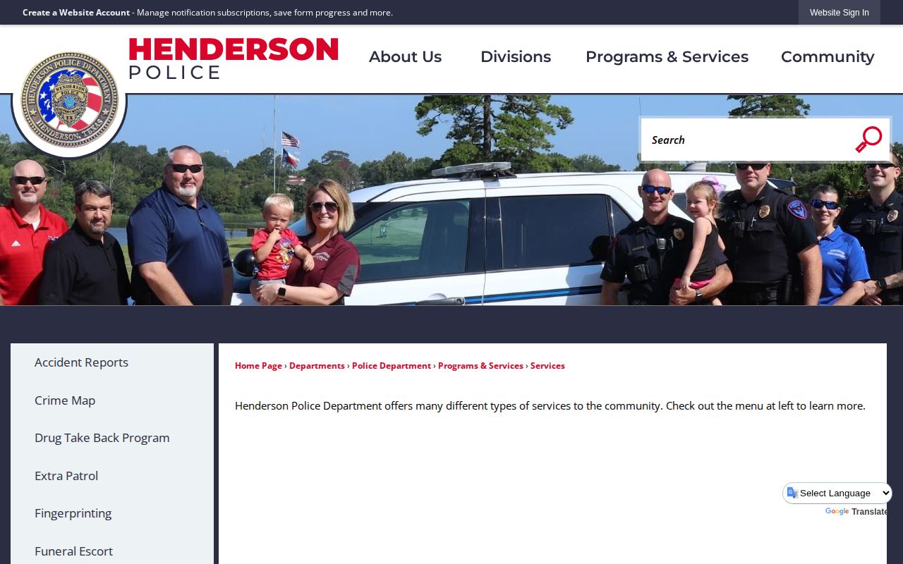 Henderson Police services page for Henderson arrest record requests