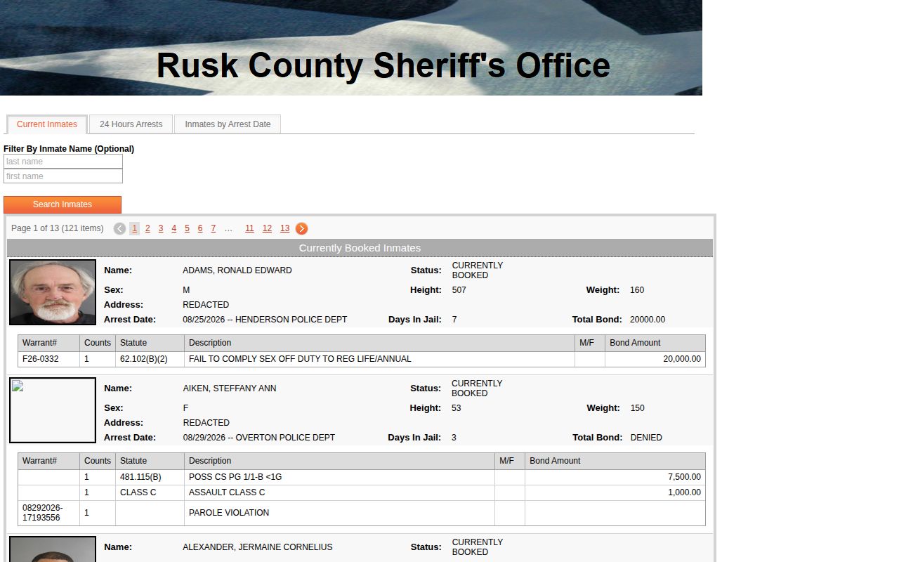 Rusk County current inmate booking record search interface