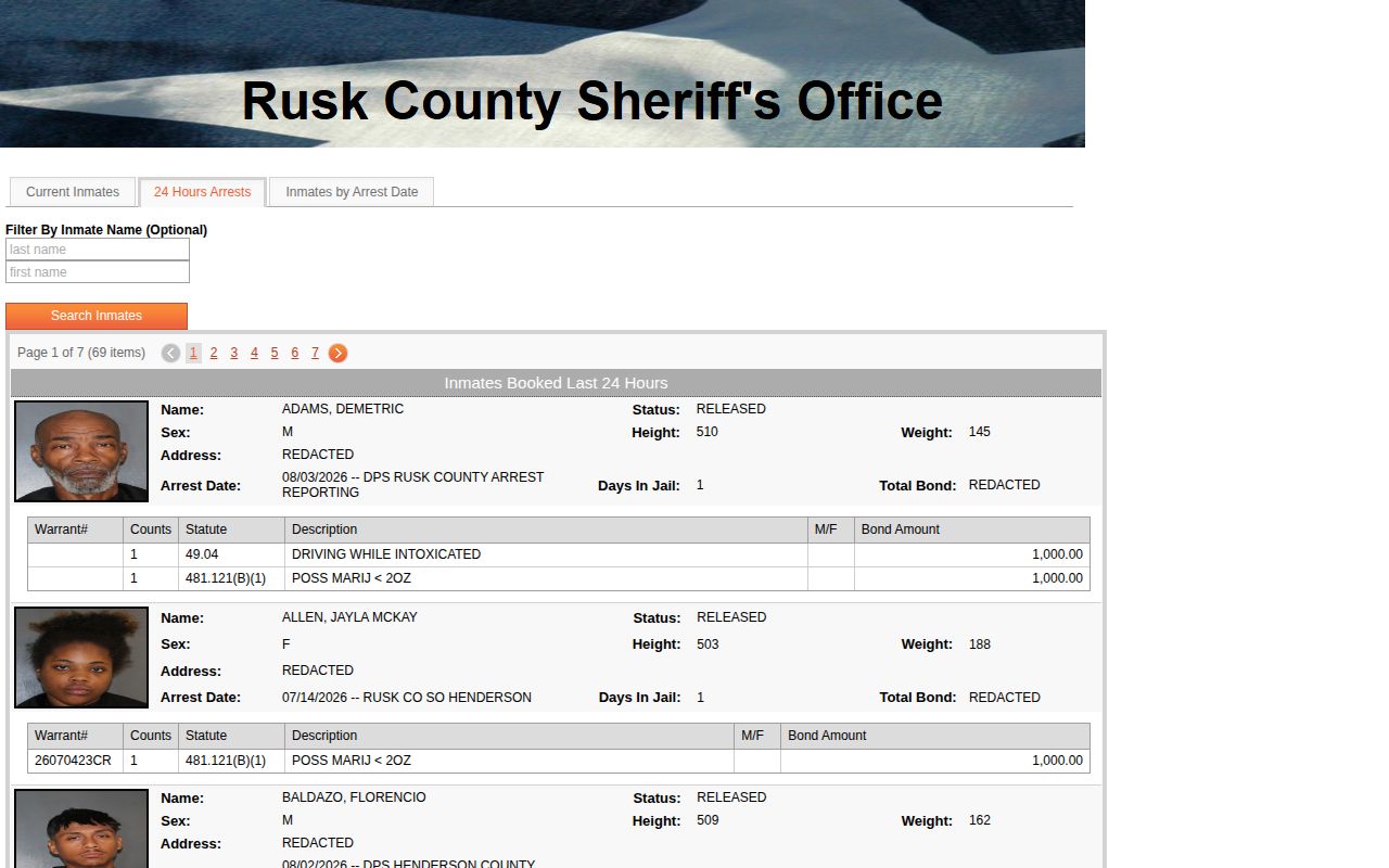 Rusk County last 24 hours booking record interface