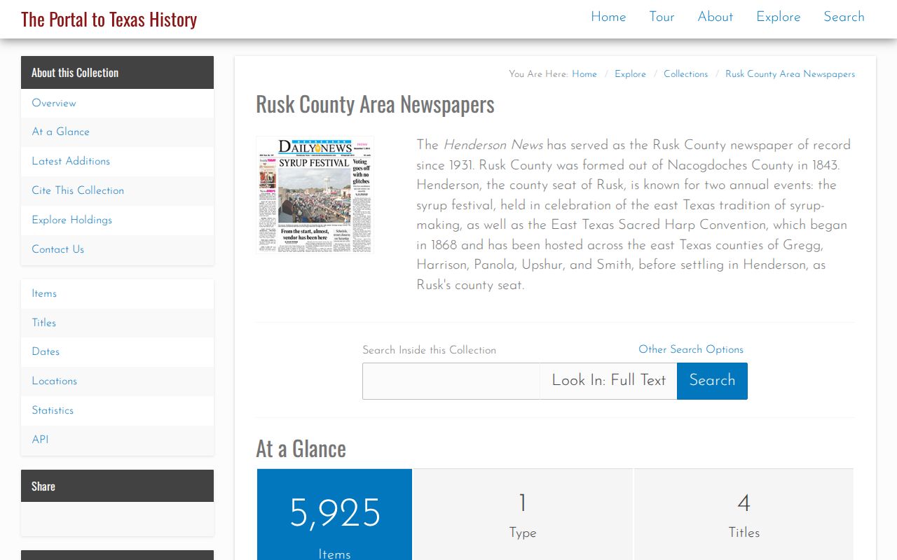 University of North Texas Rusk County Area Newspapers collection for historical local reporting